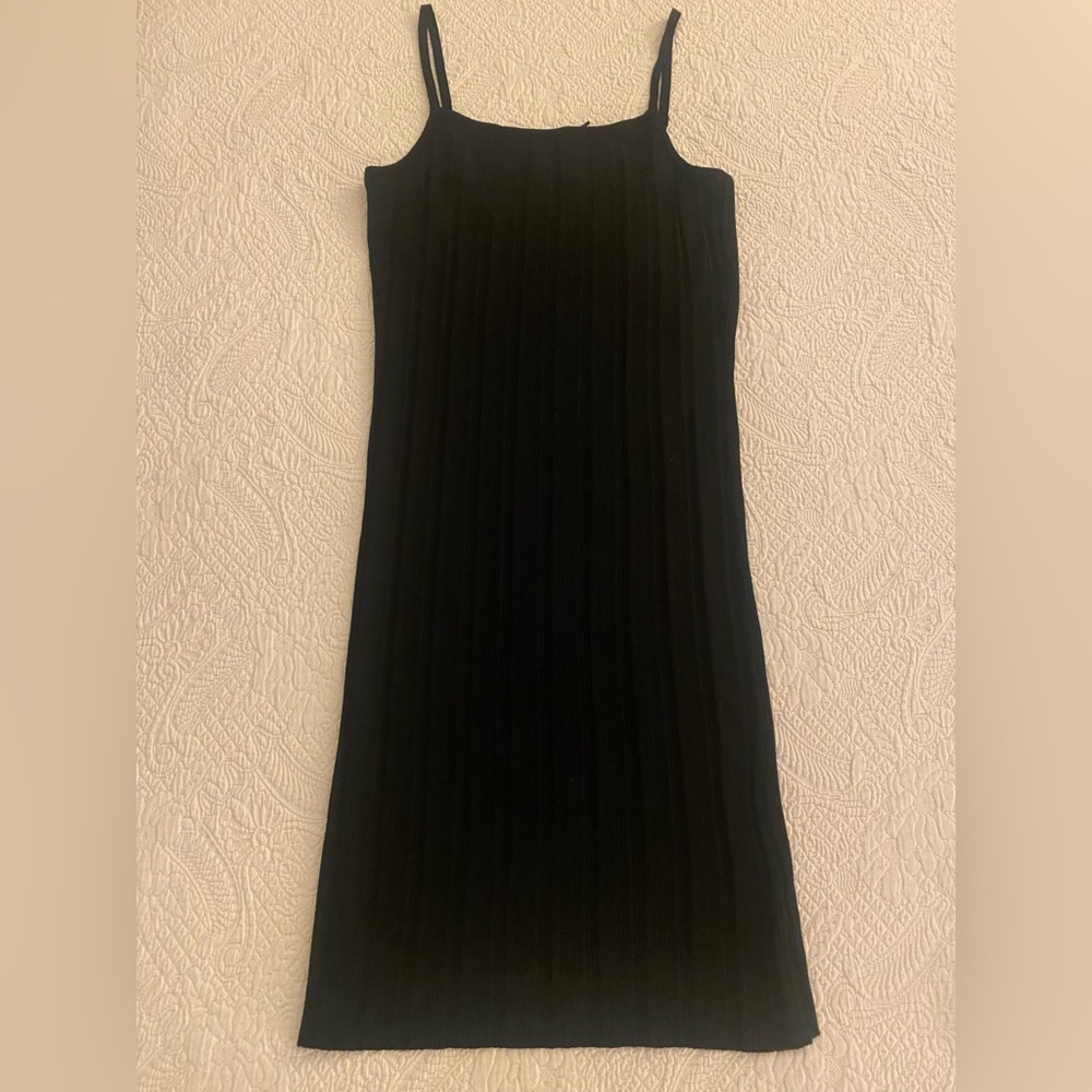 Black knit bodycon dress with adjustable spaghetti straps